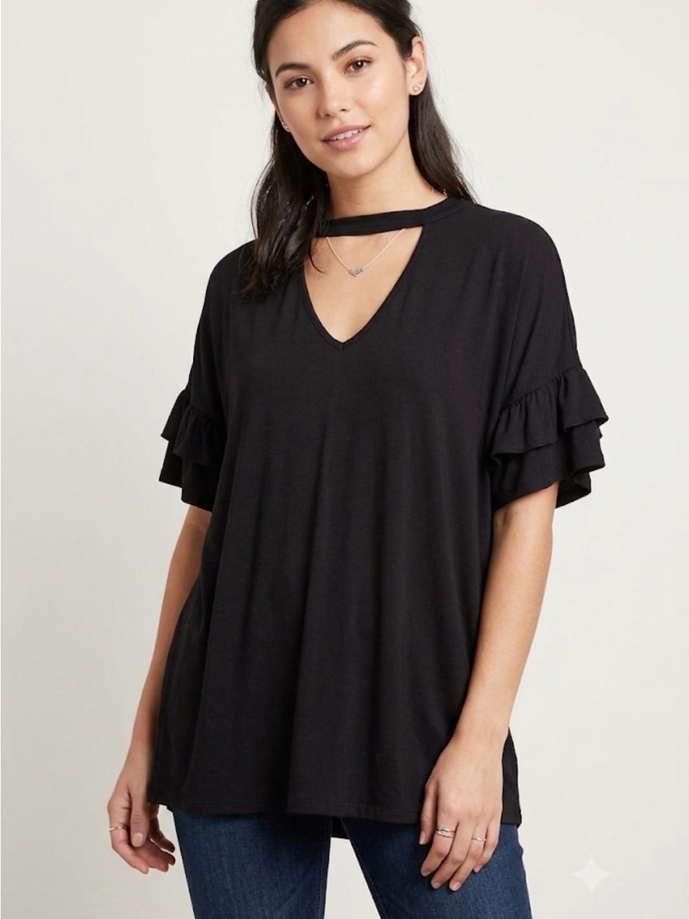 Hippie Chic Black Choker Neck Top XL  Ruffle Sleeve T-Shirt Whimsigoth Boho Y2K